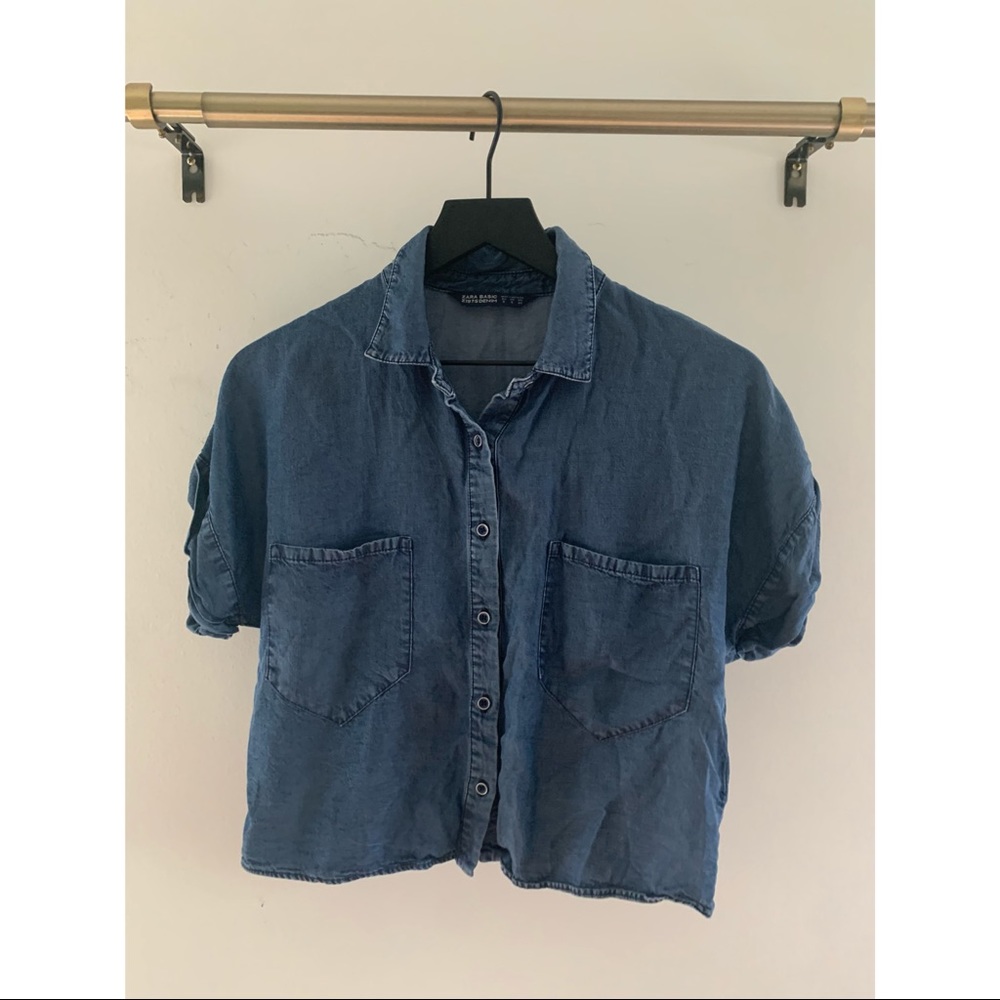 Cropped denim button short sleeve top